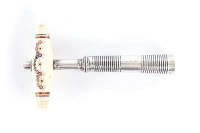 Lot 416 - A GEORGE III SILVER AND INLAID BONE BARREL CORKSCREW