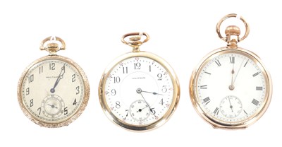 Lot 334 - A COLLECTION OF THREE AMERICAN WALTHAM OPEN FACED GOLD PLATED POCKET WATCHES