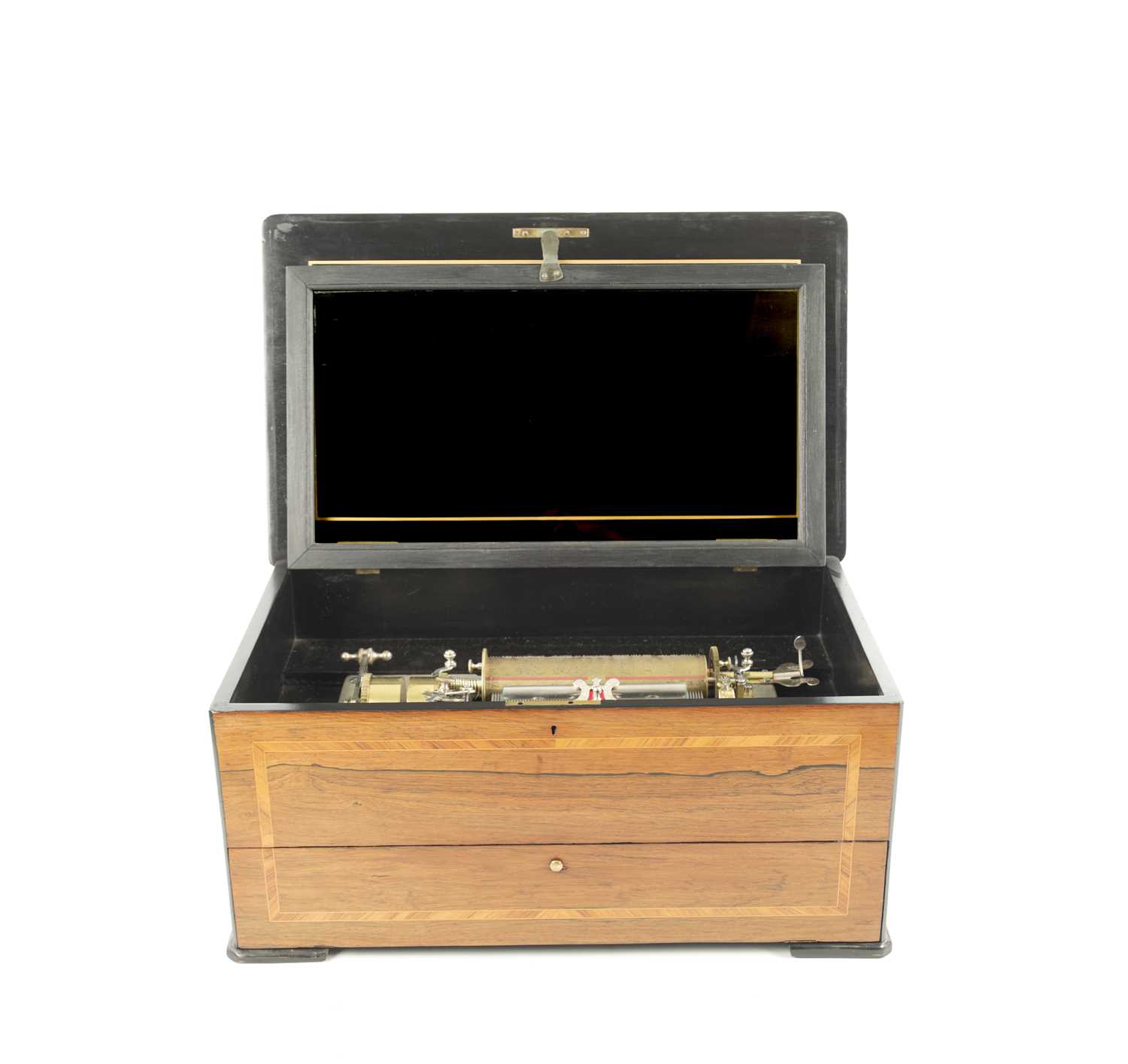 Lot 775 - A GOOD 19TH CENTURY ROSEWOOD MUSIC BOX WITH INTERCHANGEABLE BARRELS