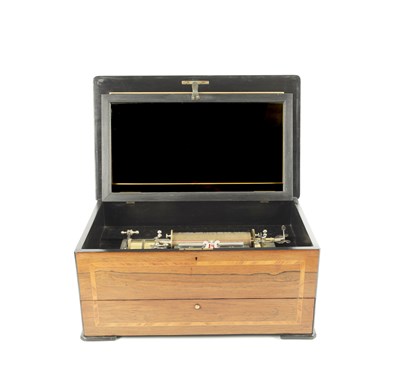 Lot 775 - A GOOD 19TH CENTURY ROSEWOOD MUSIC BOX WITH INTERCHANGEABLE BARRELS