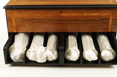 Lot 775 - A GOOD 19TH CENTURY ROSEWOOD MUSIC BOX WITH INTERCHANGEABLE BARRELS