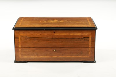 Lot 775 - A GOOD 19TH CENTURY ROSEWOOD MUSIC BOX WITH INTERCHANGEABLE BARRELS