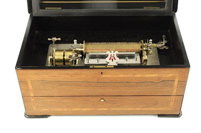 Lot 775 - A GOOD 19TH CENTURY ROSEWOOD MUSIC BOX WITH INTERCHANGEABLE BARRELS