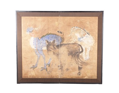 Lot 134 - AN EARLY 18TH CENTURY JAPANESE INK AND GOUACHE ON PAPER MOUNTED ON A LATER PURPOSE MADE FOLDING SCREEN