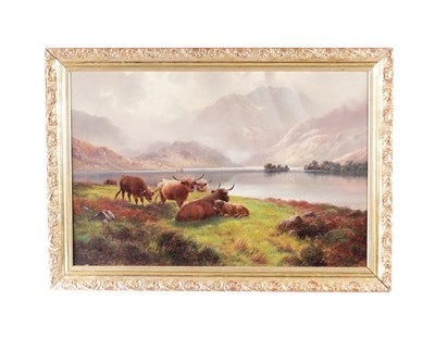 Lot 880 - HENRY ROBINSON HALL (1859-1927). AN EARLY 20TH CENTURY OIL ON CANVAS OF HIGHLAND CATTLE AT LOCH KATRINE