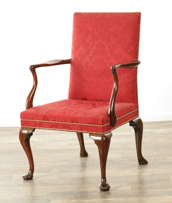Lot 1151 - A GEORGE III MAHOGANY UPHOLSTERED ARMCHAIR