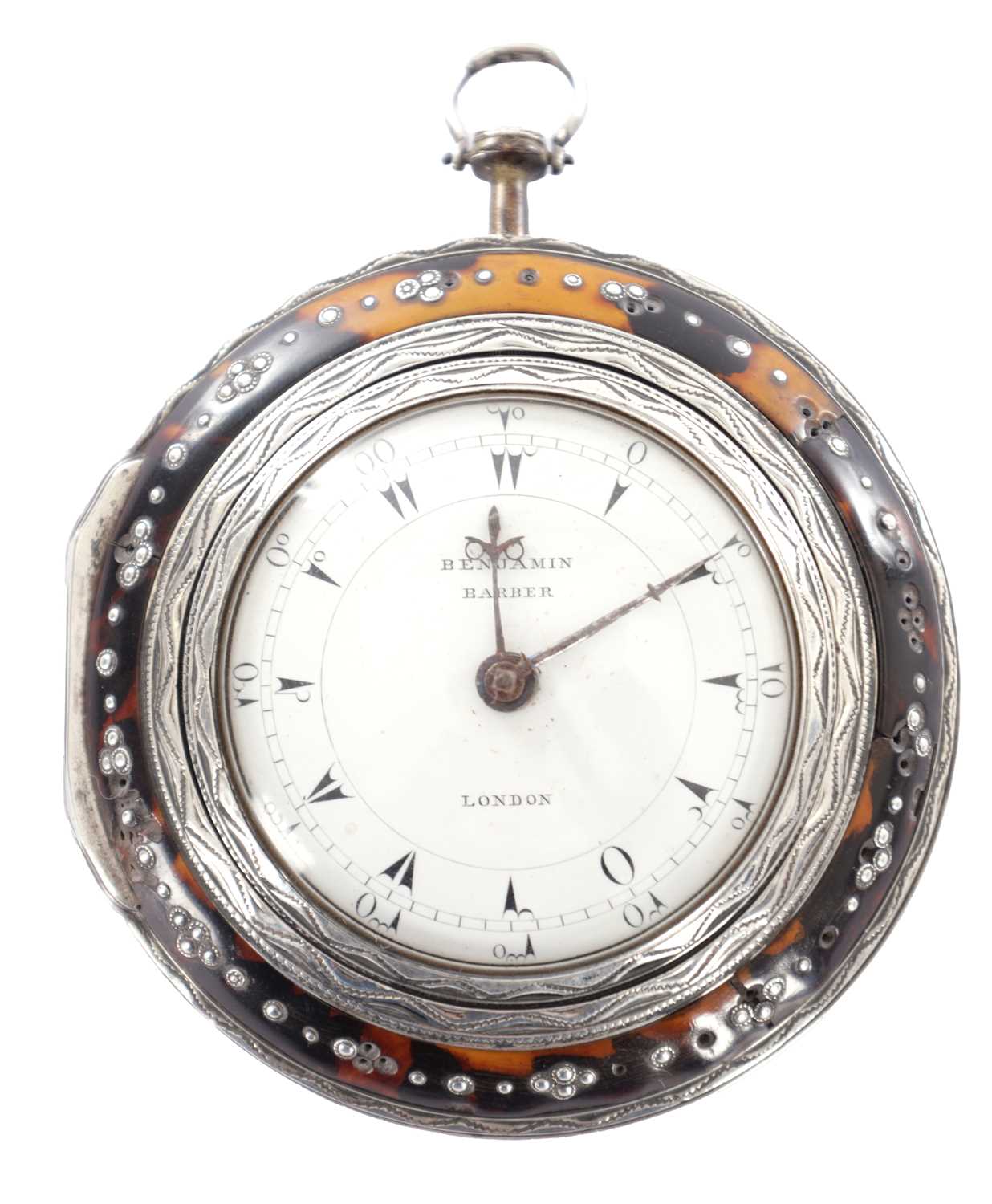 Lot 347 - AN 18TH CENTURY SILVER AND TORTOISHELL PAIR CASED POCKET WATCH BY BENJAMIN BARBER, LONDON