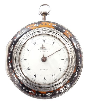 Lot 347 - AN 18TH CENTURY SILVER AND TORTOISHELL PAIR CASED POCKET WATCH BY BENJAMIN BARBER, LONDON
