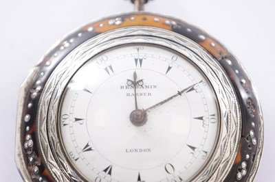 Lot 347 - AN 18TH CENTURY SILVER AND TORTOISHELL PAIR CASED POCKET WATCH BY BENJAMIN BARBER, LONDON