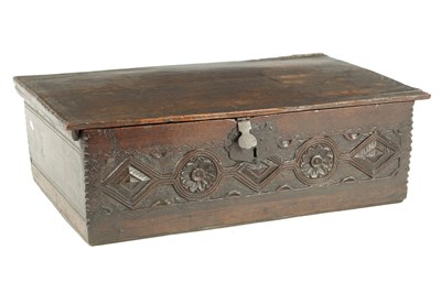 Lot 1240 - A 17TH CENTURY CARVED OAK BIBLE BOX