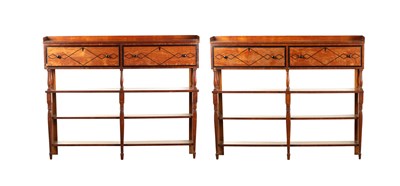 Lot 1263 - AN UNUSUAL PAIR OF REGENCY COUNTRY HOUSE SATINWOOD AND EBONY INLAID OPEN BOOKCASES OF NARROW PROPORTIONS