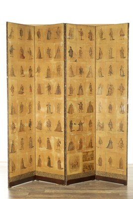 Lot 1157 - A LARGE 19TH CENTURY DECOUPAGE FOUR FOLD PRINT SCREEN