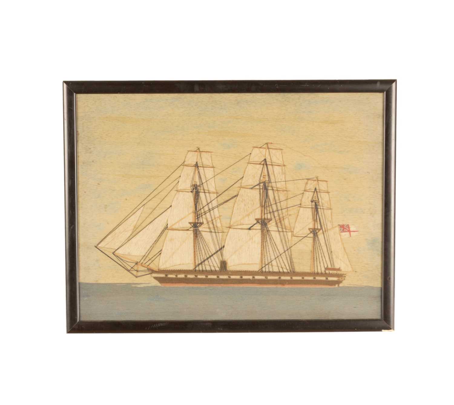 Lot 916 - A 19TH CENTURY WOOLWORK PICTURE OF A BRITISH ROYAL NAVY SAILING SHIP