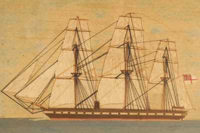 Lot 916 - A 19TH CENTURY WOOLWORK PICTURE OF A BRITISH ROYAL NAVY SAILING SHIP
