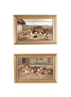 Lot 913 - EUGENE REMY MAES (BELGIAN 1849 - 1931) A PAIR OF OILS ON BOARD TITLED 'CHICKENS IN A FARMYARD'