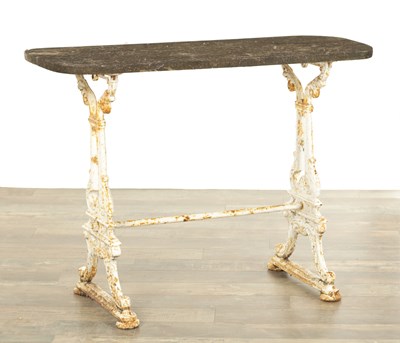 Lot 1184 - A 19TH CENTURY CAST IRON TABLE BEARING MAKERS NAME TO SIDES FOR R.H. CONNOR MANCHESTER