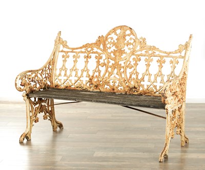 Lot 1154 - A 19TH CENTURY COALBROOKDALE STYLE CAST IRON PAINTED GARDEN BENCH