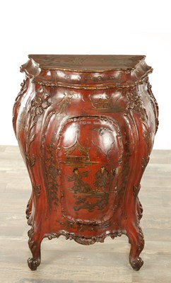 Lot 1211 - AN 18TH CENTURY ITALIAN BOMBE SHAPED SCARLET LACQUERED CHINOISERIE DECORATED COMMODE OF SMALL SIZE