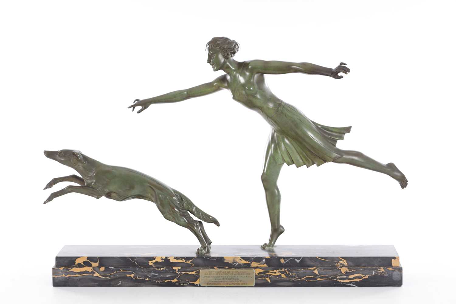 Lot 609 - A STYLISH ART DECO PATINATED BRONZE SCULPTURE DEPICTING A DANCING GIRL AND BORZOI