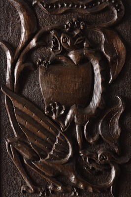 Lot 743 - A PAIR OF ARTS AND CRAFTS CARVED OAK HANGING PANELS