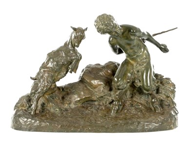 Lot 682 - JOSEPH D'ASTE (1881 - 1945). A LATE 19TH / EARLY 20TH CENTURY PATINATED BACCHANALIAN BRONZE SCULPTURE DEPICTING A SATYR WITH A GOAT