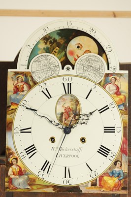Lot 949 - WILLIAM BICKERSTAFF, LIVERPOOL. A FINE GEORGE III FLAMED MAHOGANY EIGHT-DAY PAINTED DIAL MOON ROLLER LONGCASE CLOCK