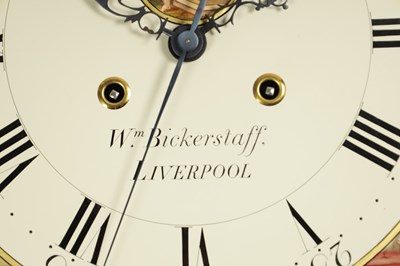 Lot 949 - WILLIAM BICKERSTAFF, LIVERPOOL. A FINE GEORGE III FLAMED MAHOGANY EIGHT-DAY PAINTED DIAL MOON ROLLER LONGCASE CLOCK