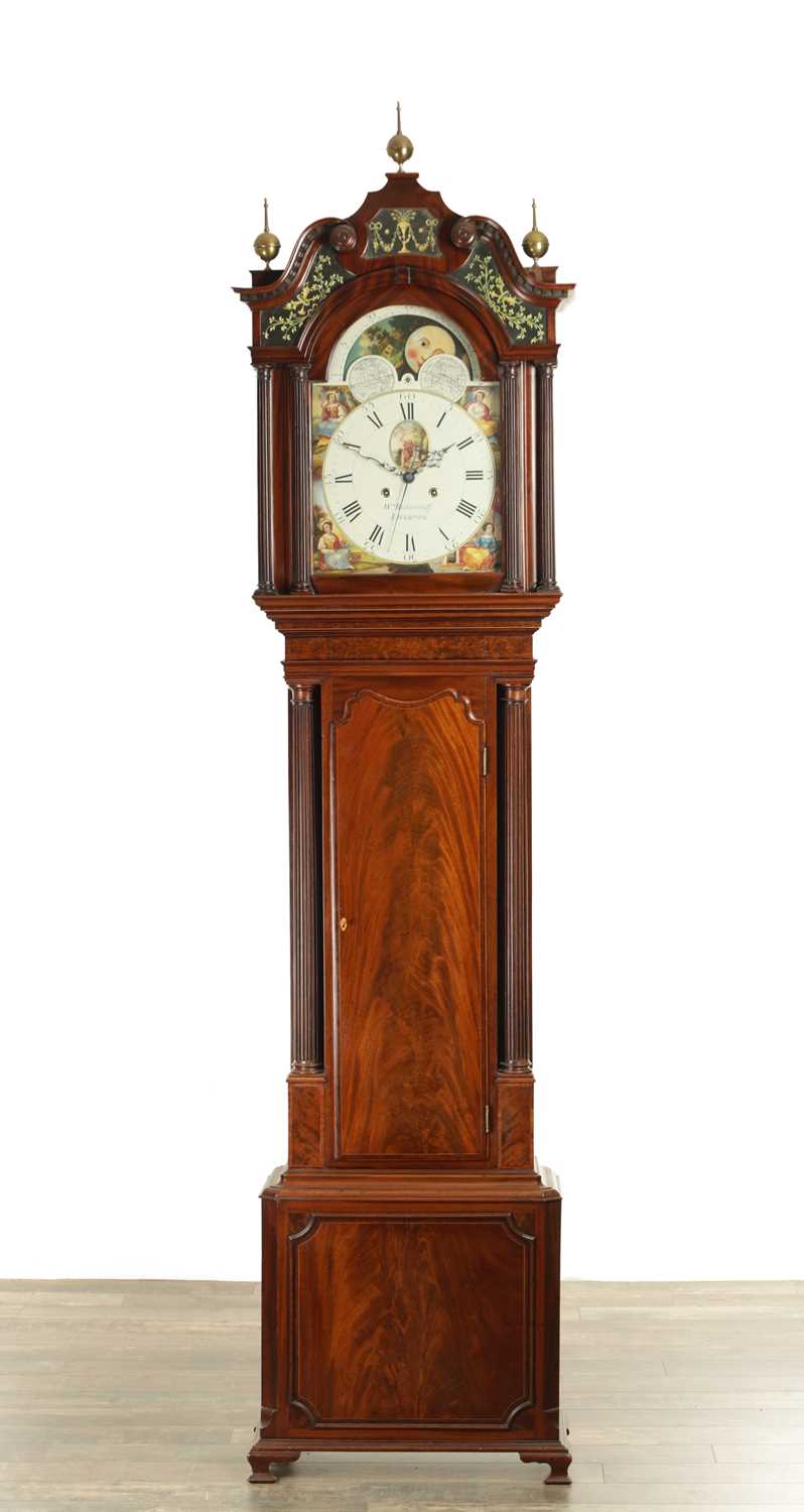 Lot 949 - WILLIAM BICKERSTAFF, LIVERPOOL. A FINE GEORGE III FLAMED MAHOGANY EIGHT-DAY PAINTED DIAL MOON ROLLER LONGCASE CLOCK