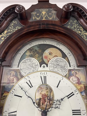 Lot 949 - WILLIAM BICKERSTAFF, LIVERPOOL. A FINE GEORGE III FLAMED MAHOGANY EIGHT-DAY PAINTED DIAL MOON ROLLER LONGCASE CLOCK