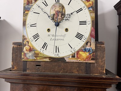 Lot 949 - WILLIAM BICKERSTAFF, LIVERPOOL. A FINE GEORGE III FLAMED MAHOGANY EIGHT-DAY PAINTED DIAL MOON ROLLER LONGCASE CLOCK