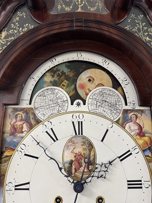 Lot 949 - WILLIAM BICKERSTAFF, LIVERPOOL. A FINE GEORGE III FLAMED MAHOGANY EIGHT-DAY PAINTED DIAL MOON ROLLER LONGCASE CLOCK