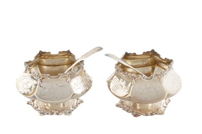 Lot 368 - A PAIR OF SILVER GILT GOTHIC HEXAGONAL SALTS WITH SPOONS