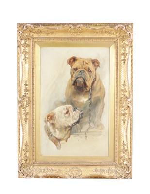 Lot 905 - ARTHUR WARDLE (1864 - 1949). A RARE LATE 19TH / EARLY 20TH CENTURY OIL ON CANVAS A PORTRAIT OF TWO BULLDOGS
