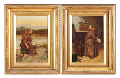 Lot 864 - FRANK HYDE (1849 - 1937). A PAIR OF OIL ON CANVAS "CATCHING" AND "CAUGHT" DEPICTING MONKS FISHING