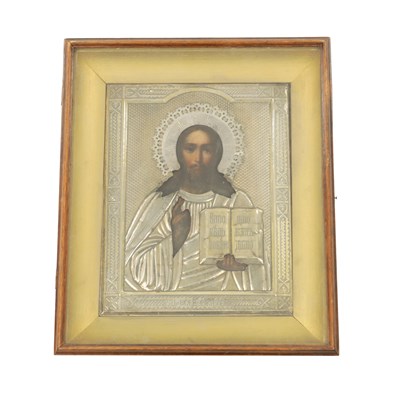 Lot 604 - A 19TH CENTURY RUSSIAN ICON OF CHRIST PANTOCRATOR