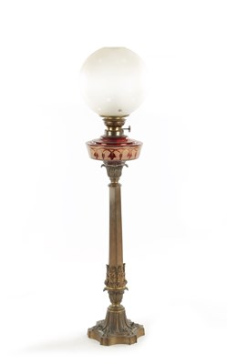 Lot 572 - AN UNUSUAL 19TH CENTURY RUBY GLASS OIL LAMP