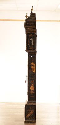 Lot 947 - JOHN ELLICOTT, LONDON. A GEORGE III GREEN LACQUERED CHINOISERIE QUARTER CHIMING LONGCASE CLOCK