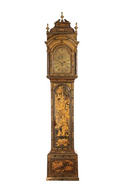 Lot 947 - JOHN ELLICOTT, LONDON. A GEORGE III GREEN LACQUERED CHINOISERIE QUARTER CHIMING LONGCASE CLOCK