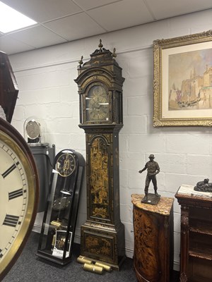 Lot 947 - JOHN ELLICOTT, LONDON. A GEORGE III GREEN LACQUERED CHINOISERIE QUARTER CHIMING LONGCASE CLOCK