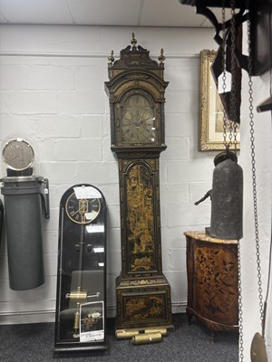 Lot 947 - JOHN ELLICOTT, LONDON. A GEORGE III GREEN LACQUERED CHINOISERIE QUARTER CHIMING LONGCASE CLOCK