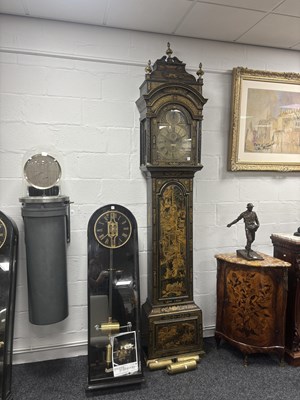 Lot 947 - JOHN ELLICOTT, LONDON. A GEORGE III GREEN LACQUERED CHINOISERIE QUARTER CHIMING LONGCASE CLOCK