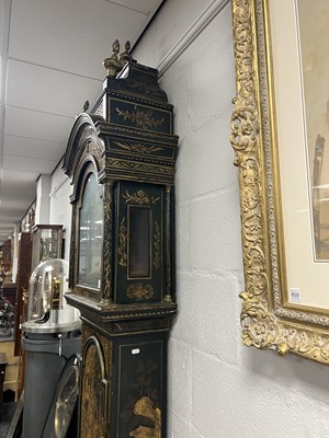 Lot 947 - JOHN ELLICOTT, LONDON. A GEORGE III GREEN LACQUERED CHINOISERIE QUARTER CHIMING LONGCASE CLOCK