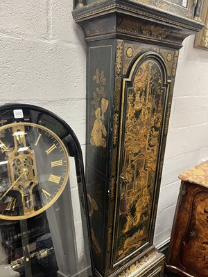 Lot 947 - JOHN ELLICOTT, LONDON. A GEORGE III GREEN LACQUERED CHINOISERIE QUARTER CHIMING LONGCASE CLOCK
