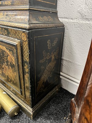 Lot 947 - JOHN ELLICOTT, LONDON. A GEORGE III GREEN LACQUERED CHINOISERIE QUARTER CHIMING LONGCASE CLOCK