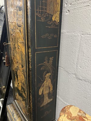 Lot 947 - JOHN ELLICOTT, LONDON. A GEORGE III GREEN LACQUERED CHINOISERIE QUARTER CHIMING LONGCASE CLOCK