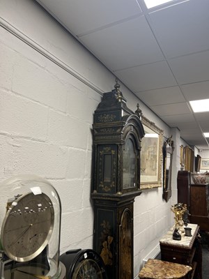 Lot 947 - JOHN ELLICOTT, LONDON. A GEORGE III GREEN LACQUERED CHINOISERIE QUARTER CHIMING LONGCASE CLOCK