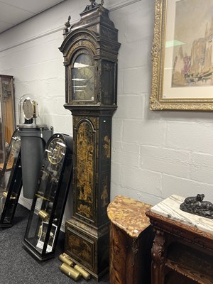 Lot 947 - JOHN ELLICOTT, LONDON. A GEORGE III GREEN LACQUERED CHINOISERIE QUARTER CHIMING LONGCASE CLOCK