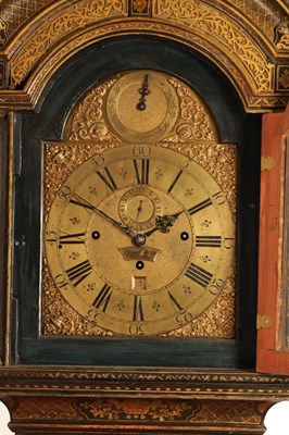 Lot 947 - JOHN ELLICOTT, LONDON. A GEORGE III GREEN LACQUERED CHINOISERIE QUARTER CHIMING LONGCASE CLOCK