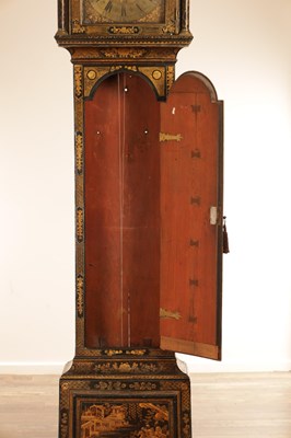 Lot 947 - JOHN ELLICOTT, LONDON. A GEORGE III GREEN LACQUERED CHINOISERIE QUARTER CHIMING LONGCASE CLOCK