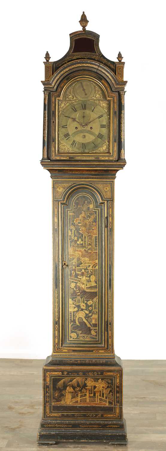 Lot 1007 - JOHN TAYLOR, LONDON. A GEORGE III GREEN LACQUERED CHINOISERIE LONGCASE CLOCK
